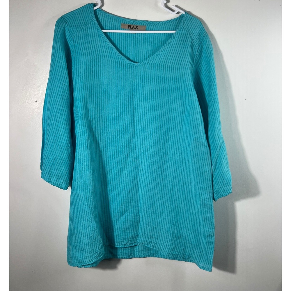 FLAX Turquoise Blue Striped Linen Tunic V-Neck 3/4 Sleeve Top Womens Small‎